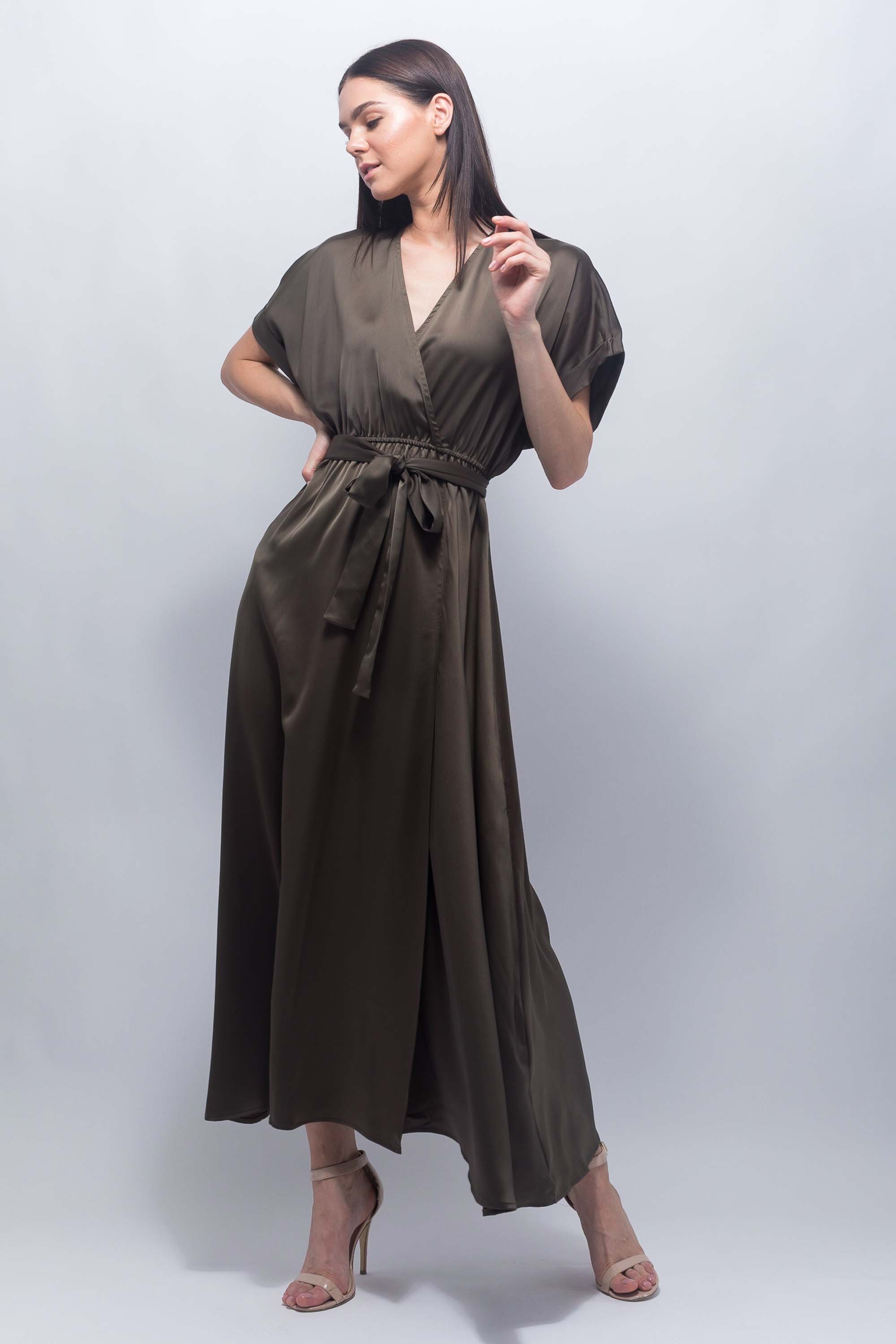 Khaki Maxi Wrap Front Satin Dress BOUTIQNA