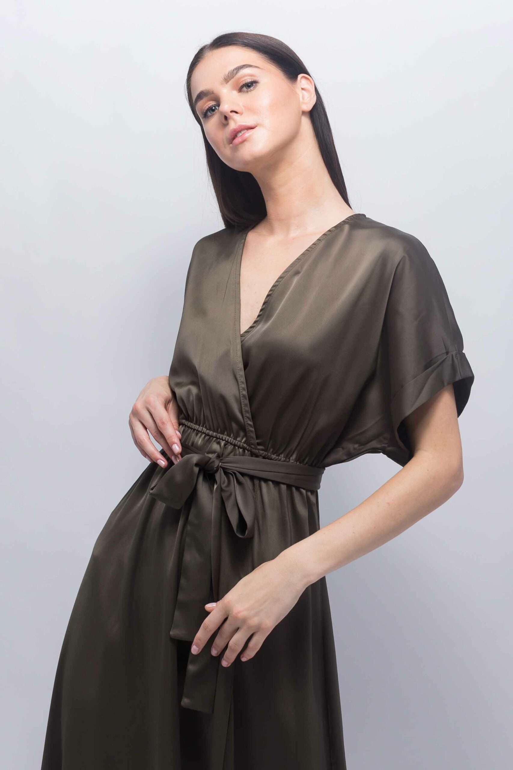 Khaki Maxi Wrap Front Satin Dress - BOUTIQNA